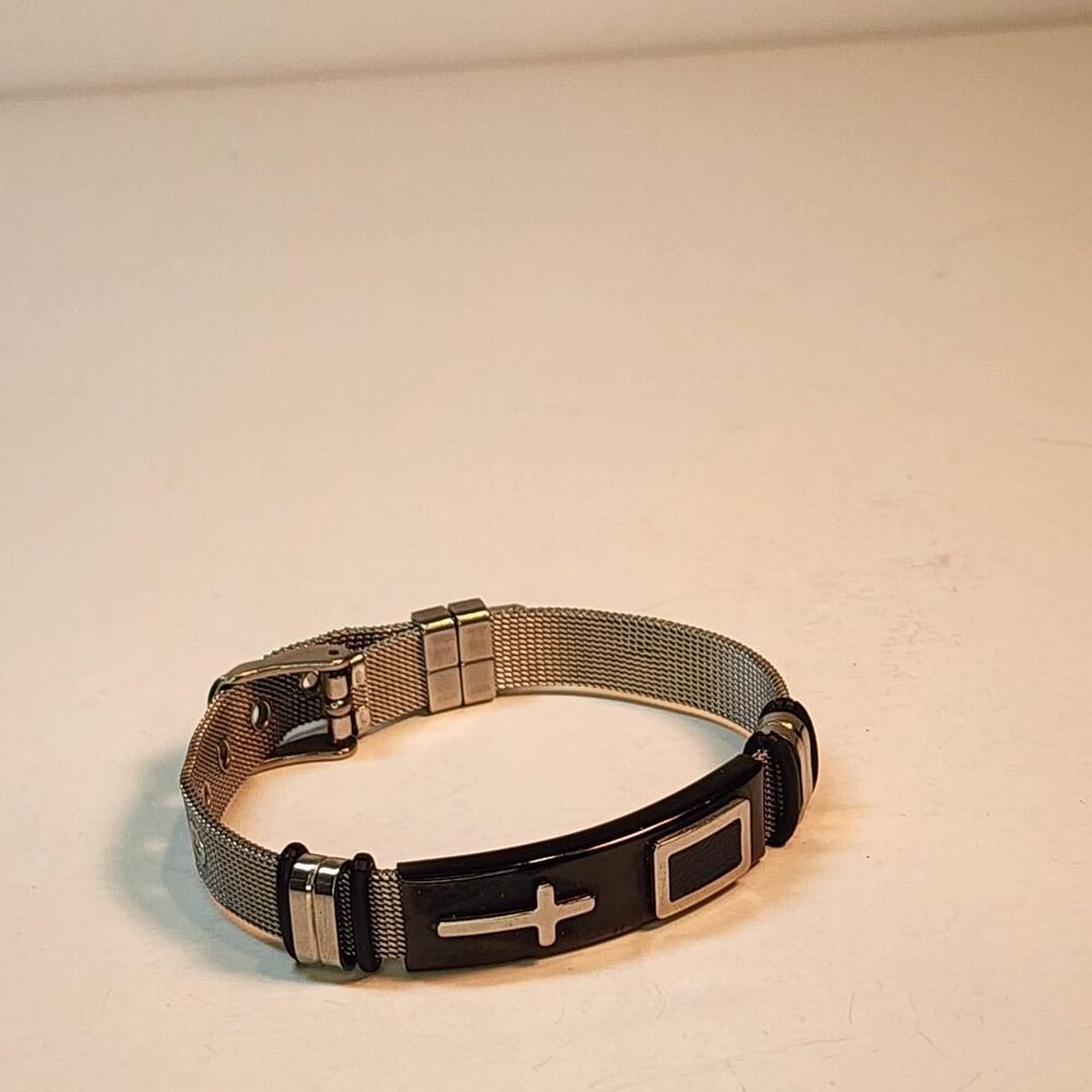 Cross bracelet Adjustable Stainless Steel and Black Band Goth Punk Alternative